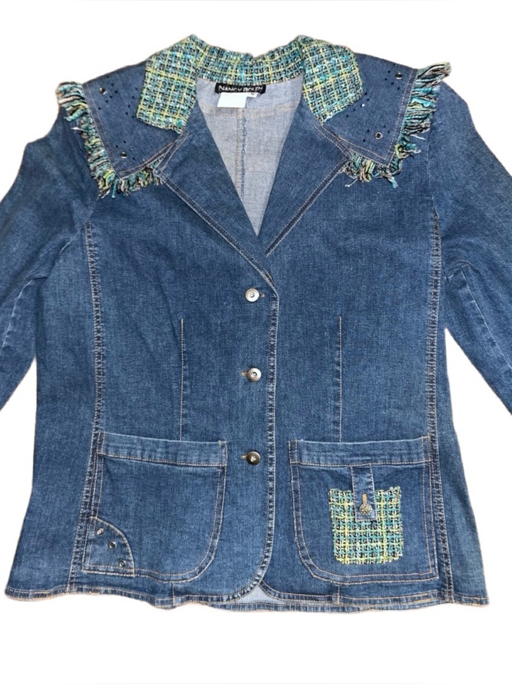 Nancy Bolin City ~ Size 10 ~ Embroidery ~ Blue Denim Jacket W/ Fringe ~ New